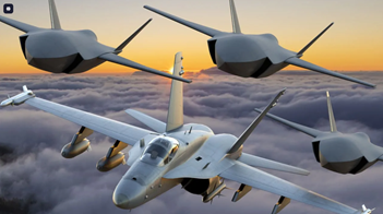 Loyal Wingman-drone fra Boeing støtter jagerfly i 3D-illustration. (fotokredit: Shutterstock/Mike Mareen)